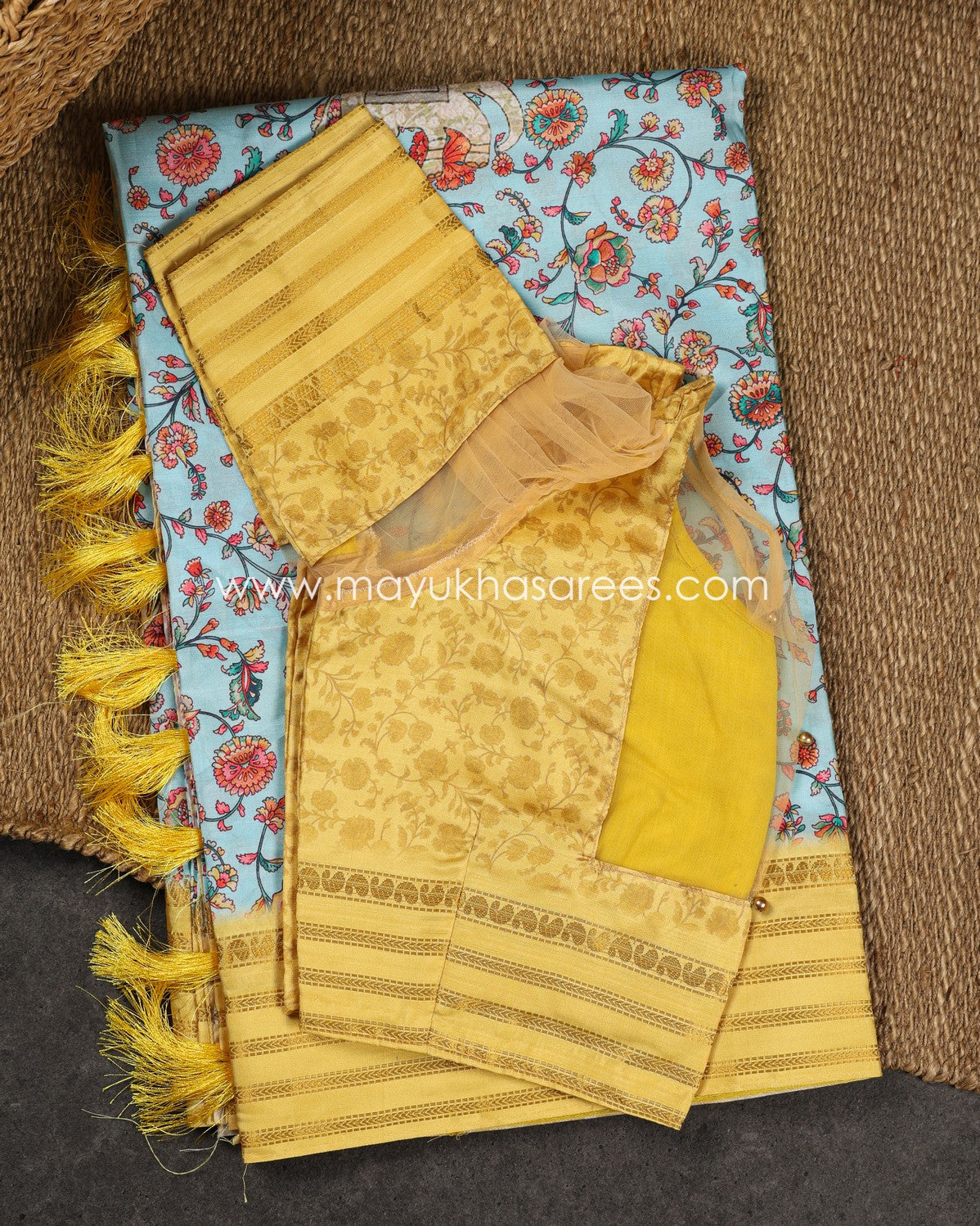 Blue and Yellow Dola Silk Saree with Floral kalamkari and Pichwai Printed Saree with Blouse 38 44