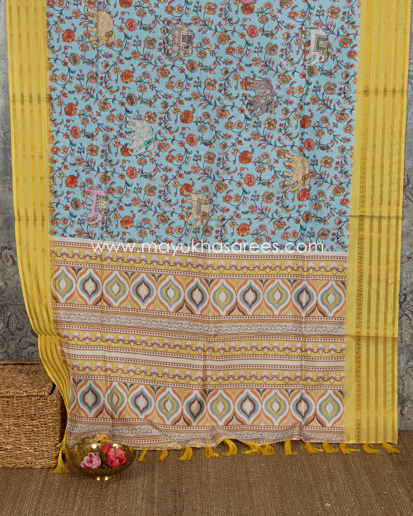 Blue and Yellow Dola Silk Saree with Floral kalamkari and Pichwai Printed Saree with Blouse 38 44