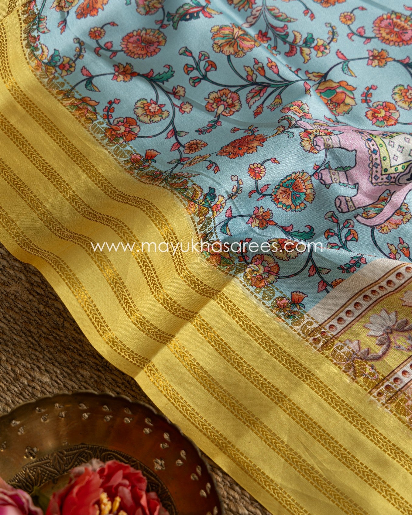 Blue and Yellow Dola Silk Saree with Floral kalamkari and Pichwai Printed Saree with Blouse 38 44