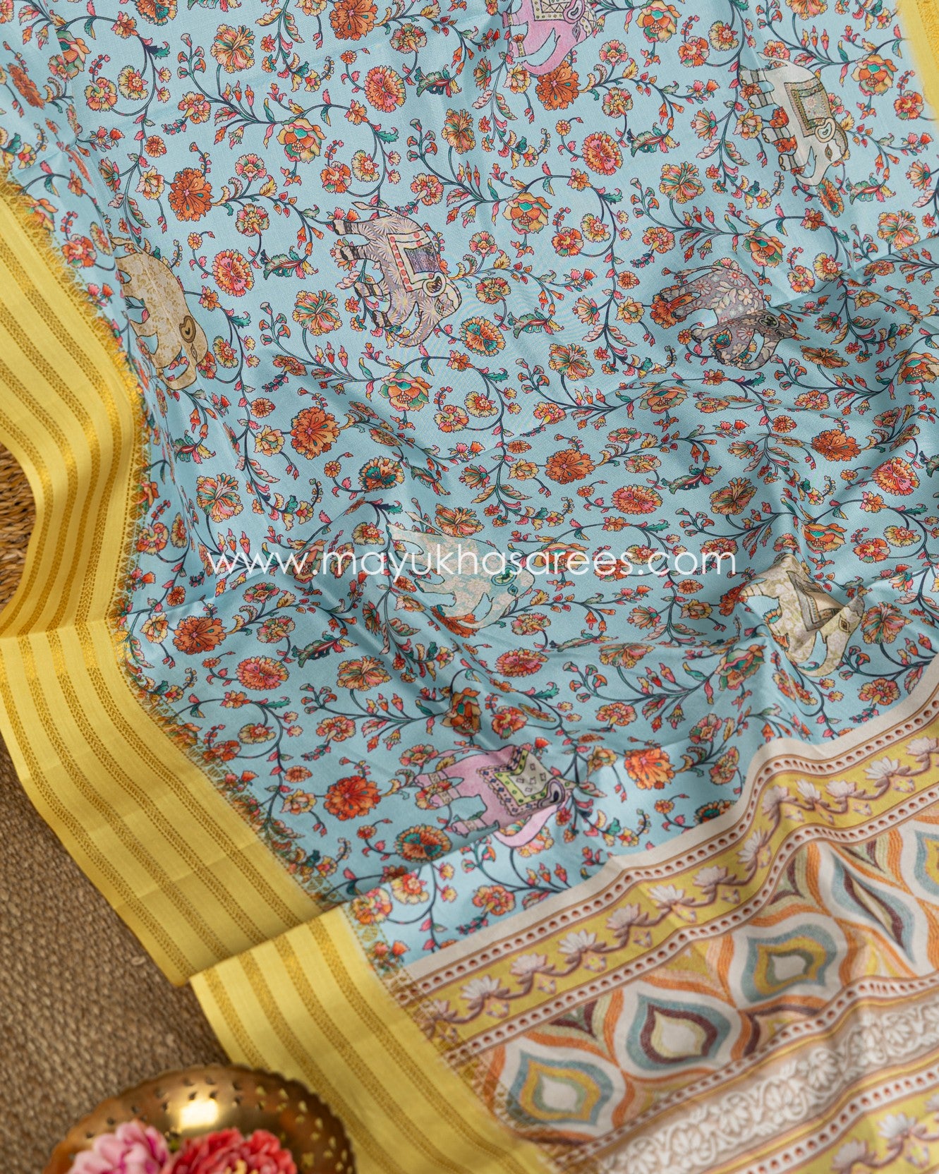 Blue and Yellow Dola Silk Saree with Floral kalamkari and Pichwai Printed Saree with Blouse 38 44