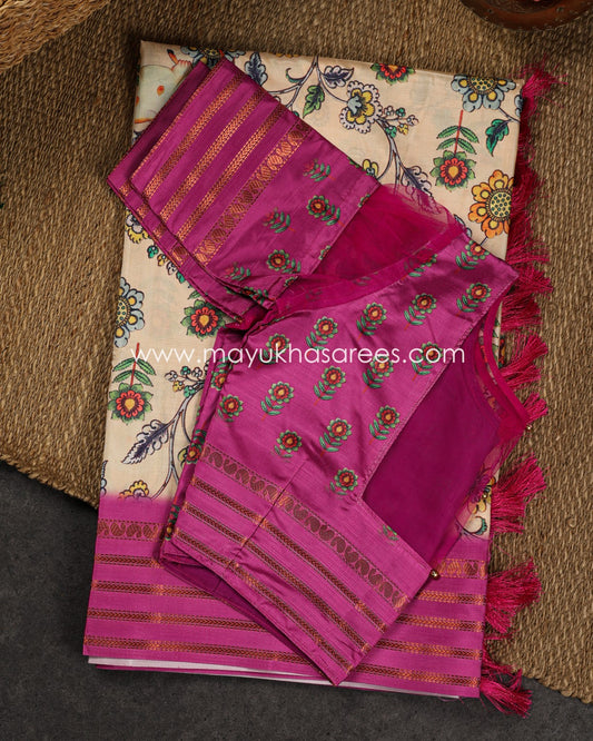 Beige & Pink Dola Silk Saree with Floral kalamkari and Pichwai Printed Saree with Blouse 38 44