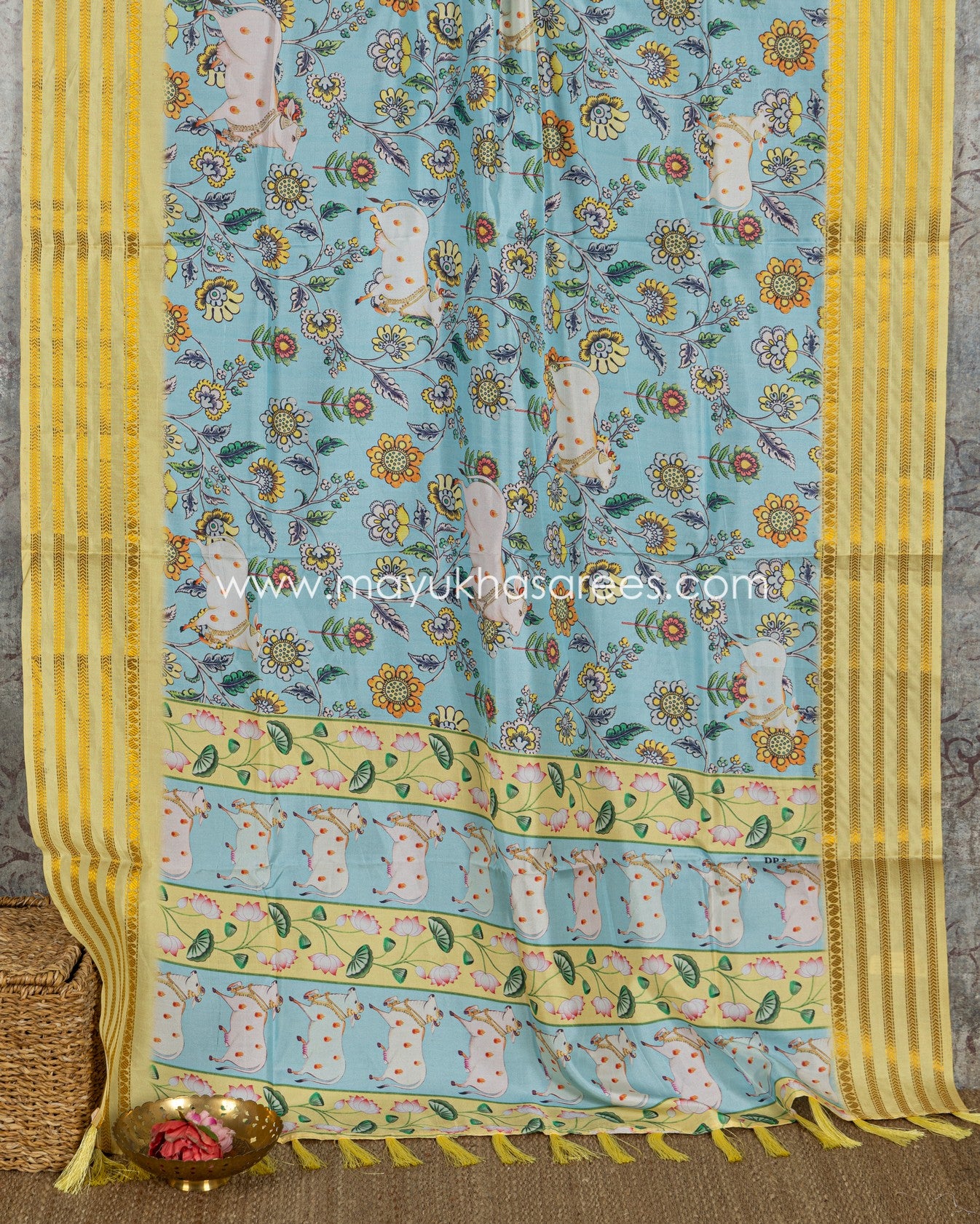 Blue and Yellow Dola Silk with Floral kalamkari and Pichwai Printed Saree with Blouse 38 44