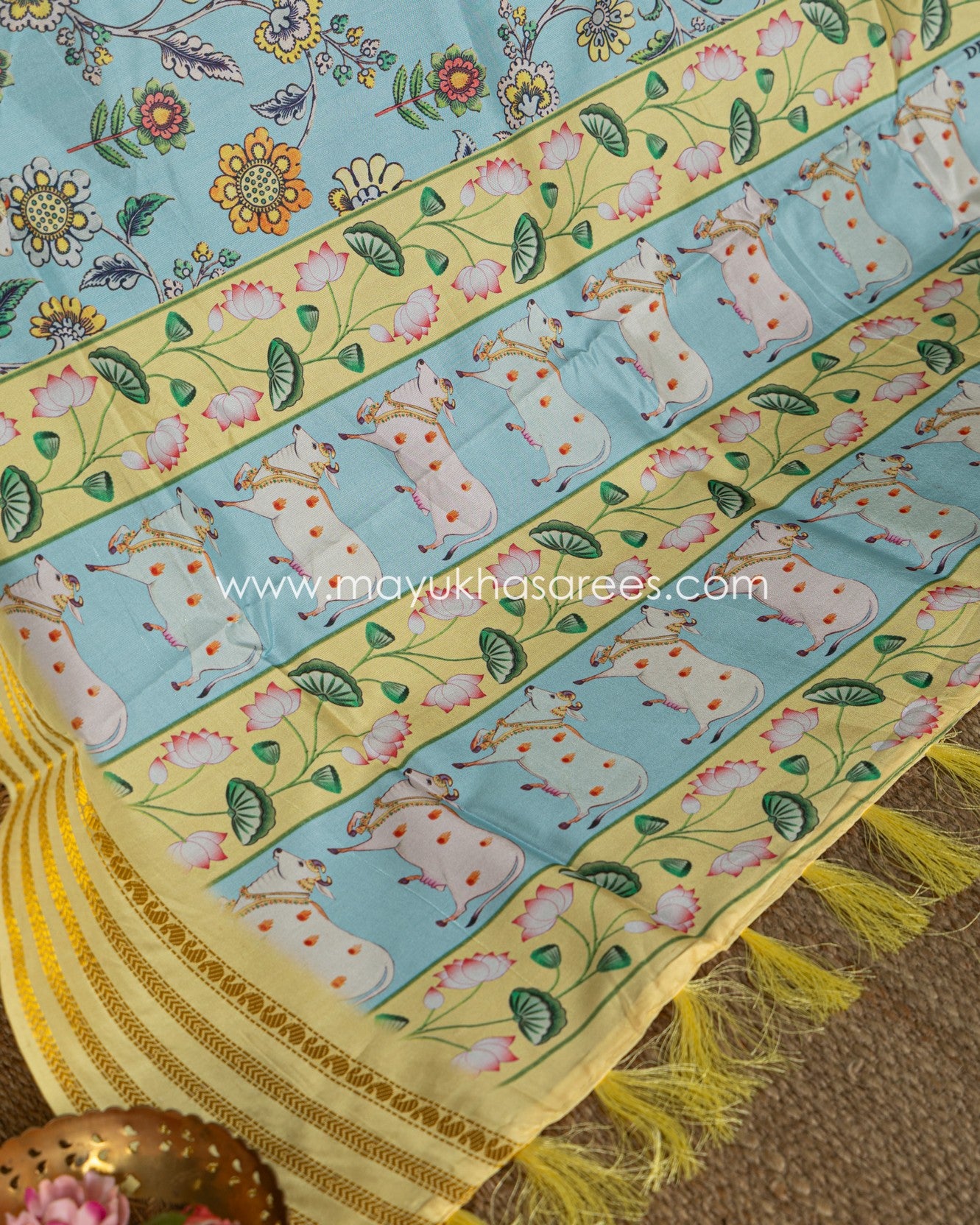 Blue and Yellow Dola Silk with Floral kalamkari and Pichwai Printed Saree with Blouse 38 44