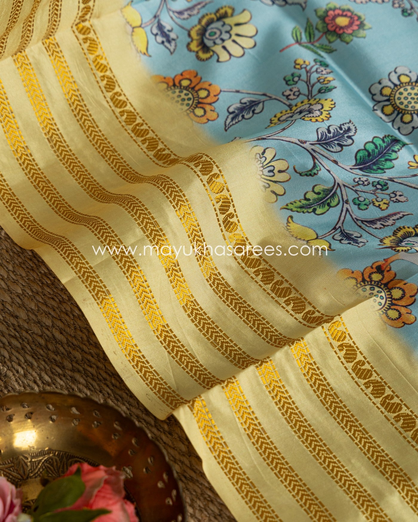 Blue and Yellow Dola Silk with Floral kalamkari and Pichwai Printed Saree with Blouse 38 44