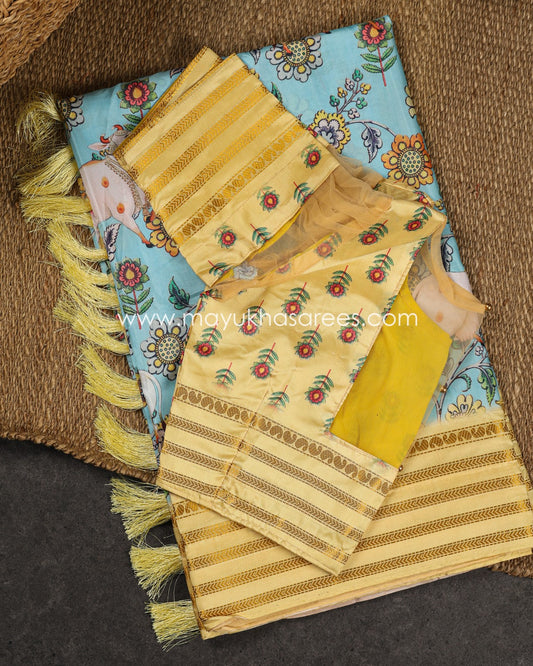 Blue and Yellow Dola Silk with Floral kalamkari and Pichwai Printed Saree with Blouse 38 44