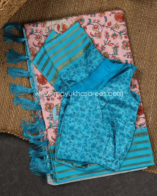 Pastel Pink & Blue Dola Silk with Floral kalamkari and Pichwai Printed Saree with Blouse 38 44