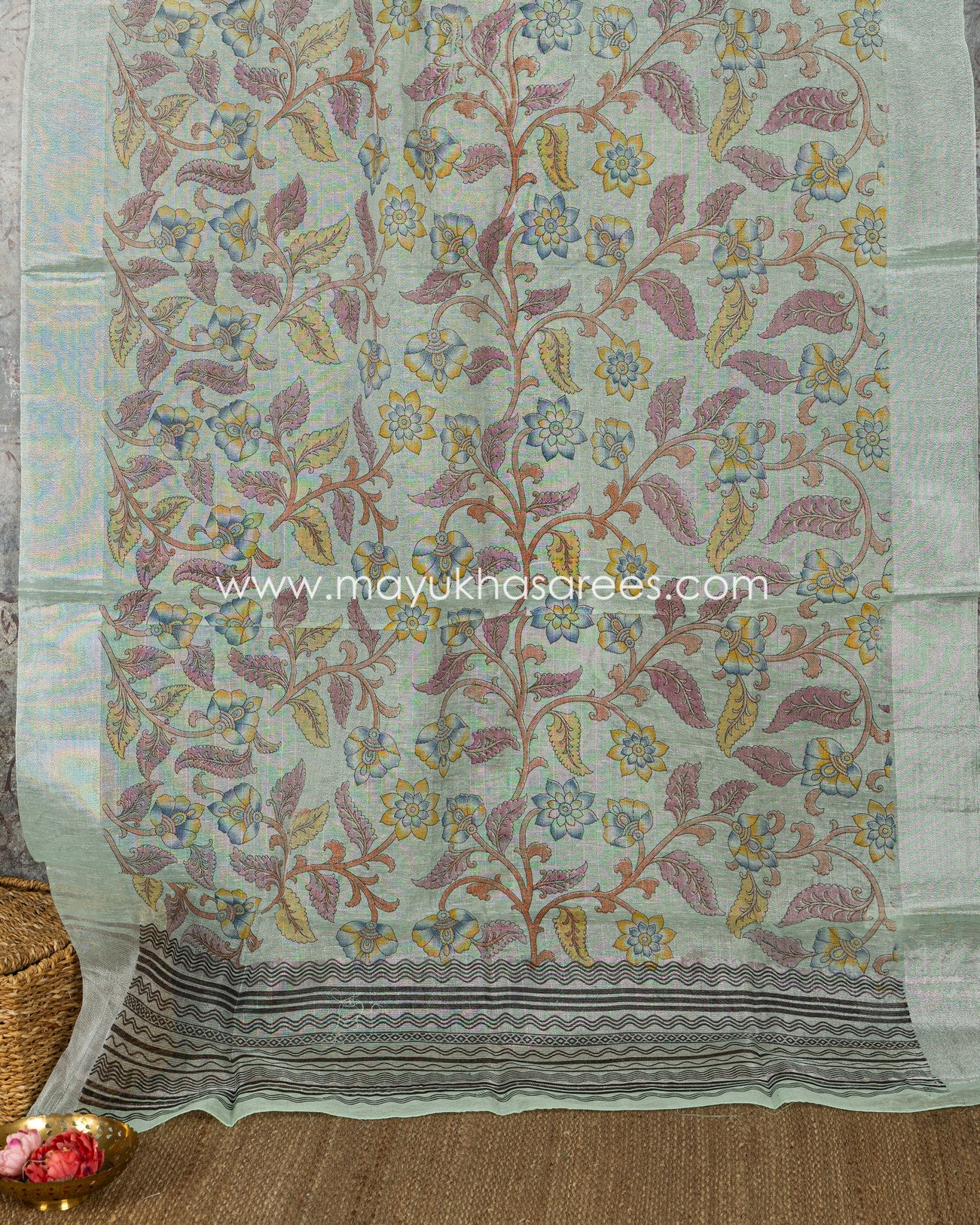 Kalamkari Prints on Pastel Blue Tissue Linen Silk saree and Stitched Blouse in Size 38 44