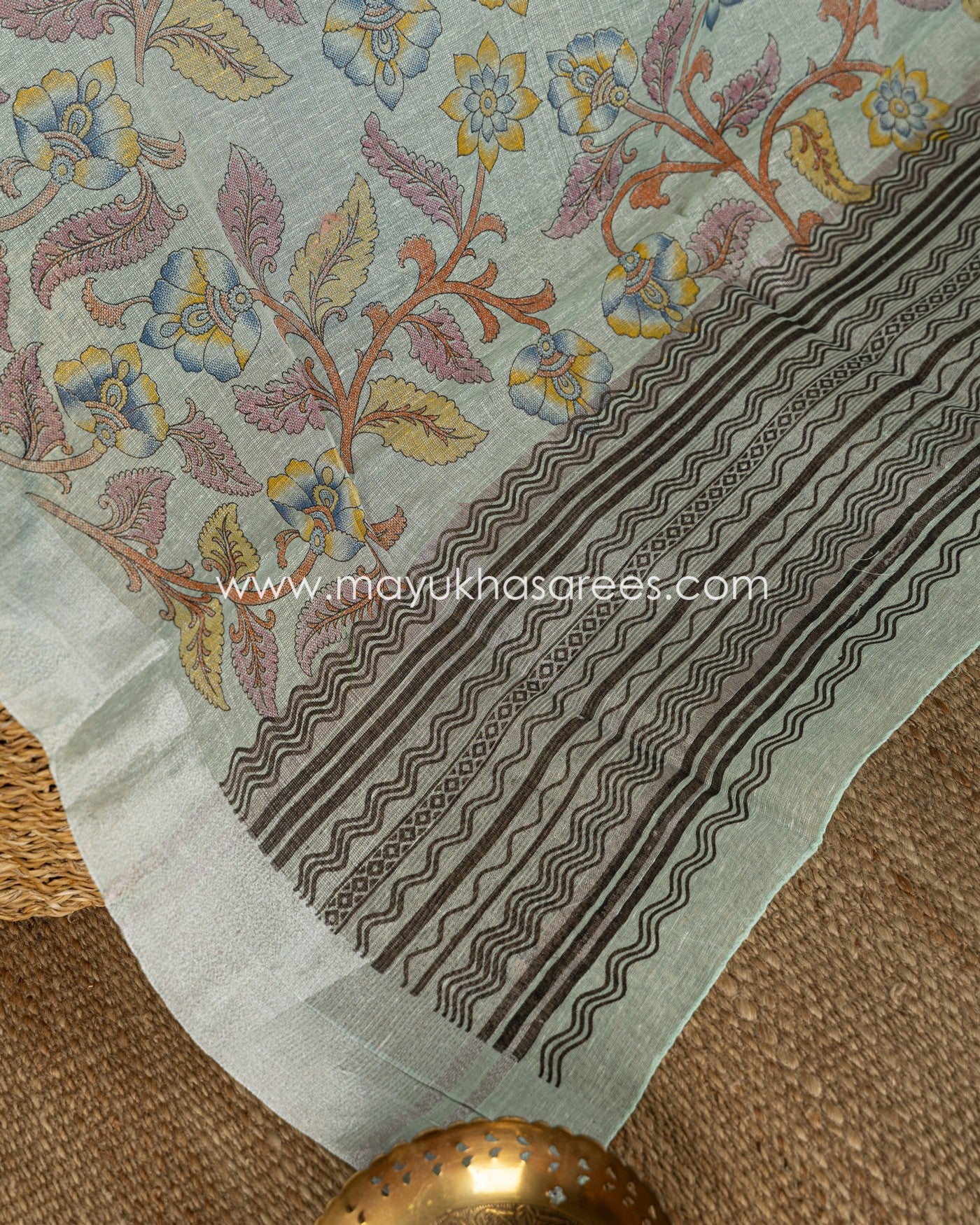 Kalamkari Prints on Pastel Blue Tissue Linen Silk saree and Stitched Blouse in Size 38 44