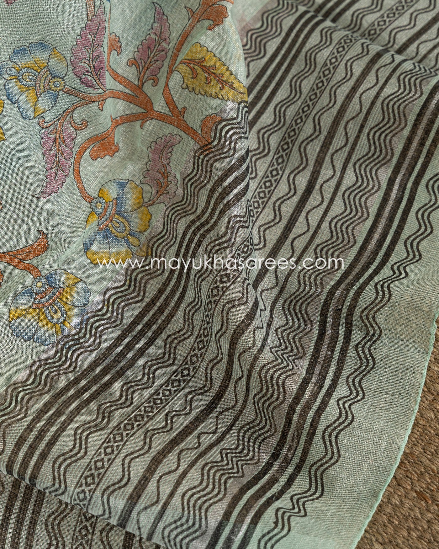 Kalamkari Prints on Pastel Blue Tissue Linen Silk saree and Stitched Blouse in Size 38 44