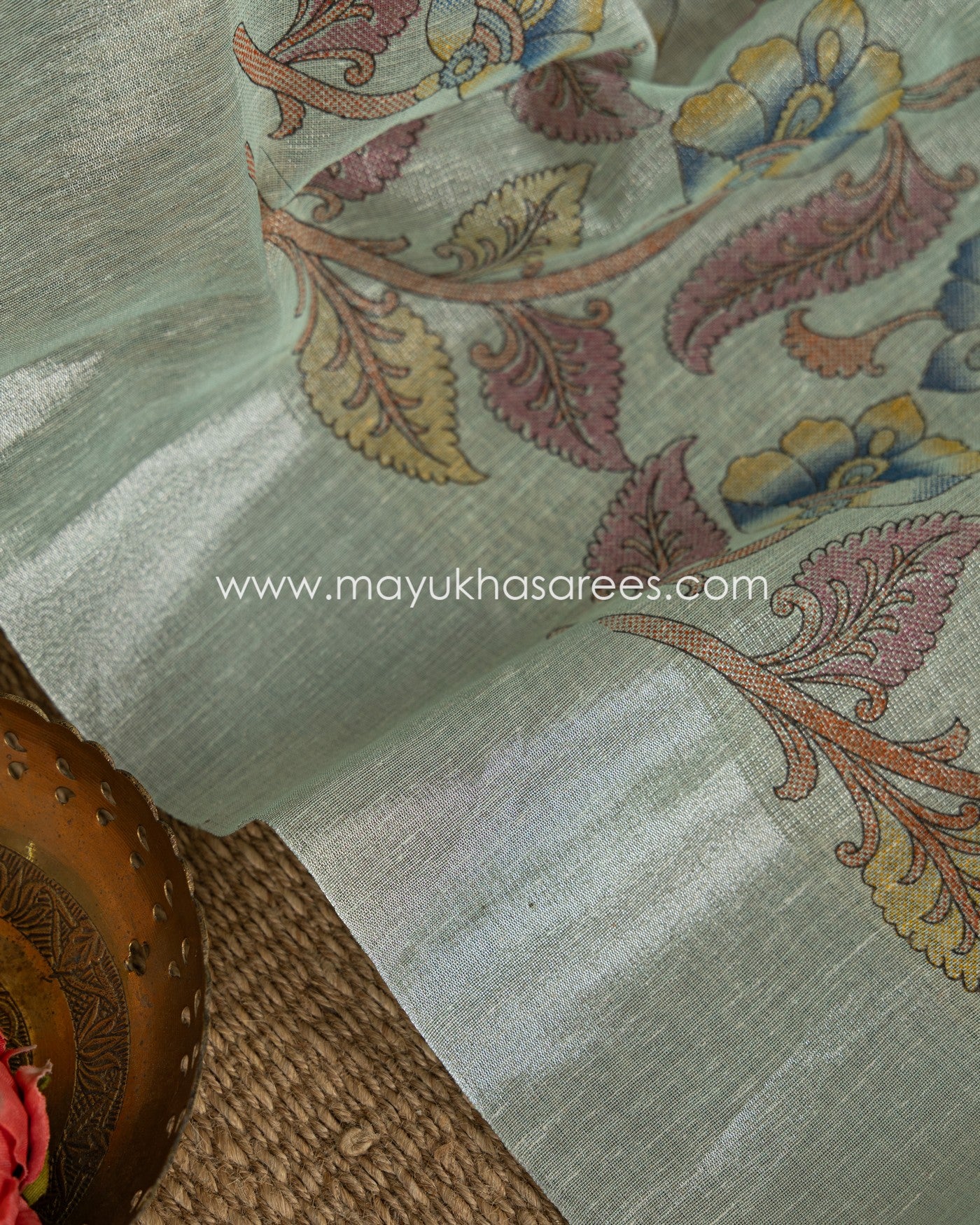 Kalamkari Prints on Pastel Blue Tissue Linen Silk saree and Stitched Blouse in Size 38 44