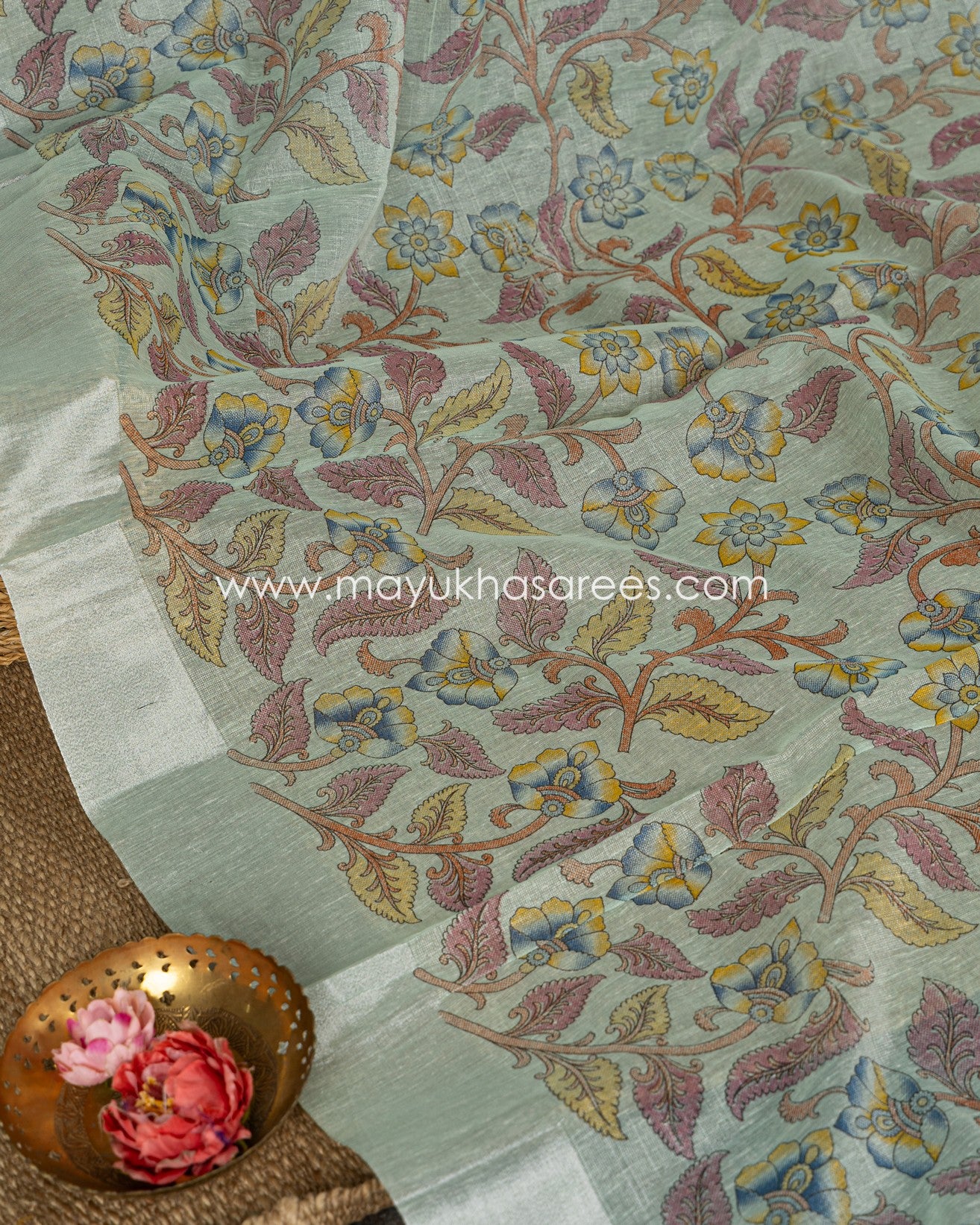 Kalamkari Prints on Pastel Blue Tissue Linen Silk saree and Stitched Blouse in Size 38 44