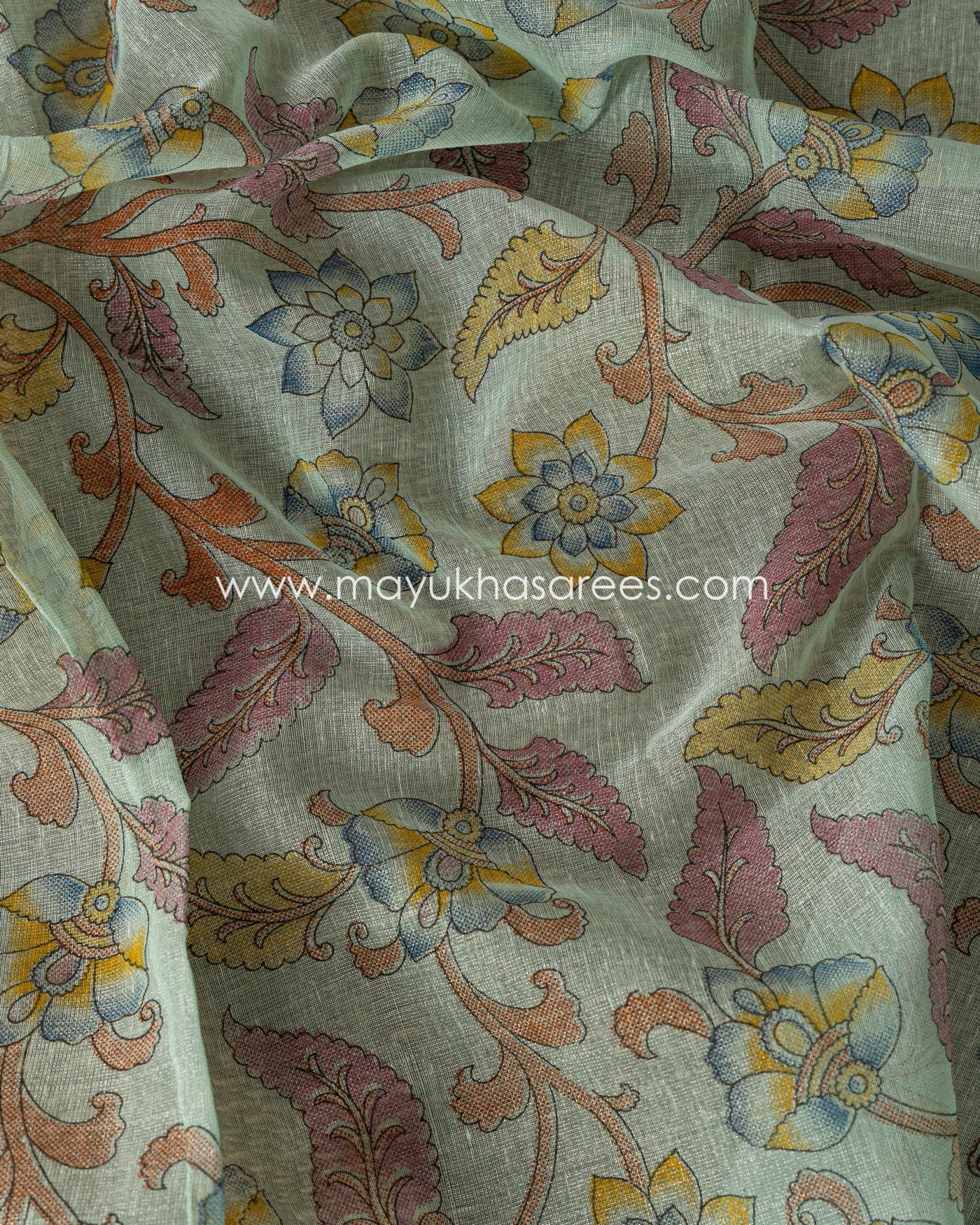 Kalamkari Prints on Pastel Blue Tissue Linen Silk saree and Stitched Blouse in Size 38 44