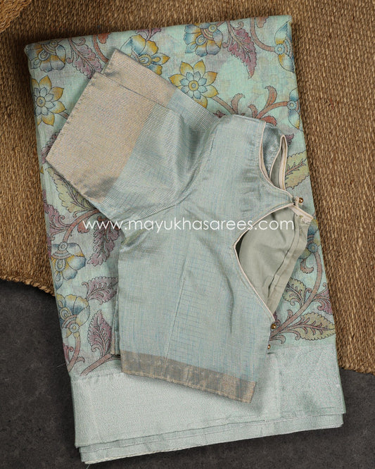 Kalamkari Prints on Pastel Blue Tissue Linen Silk saree and Stitched Blouse in Size 38-44