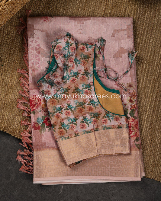 Powder Pink Floral Printed Brasso Gorgette Saree with Stitched Blouse in Size 38 44