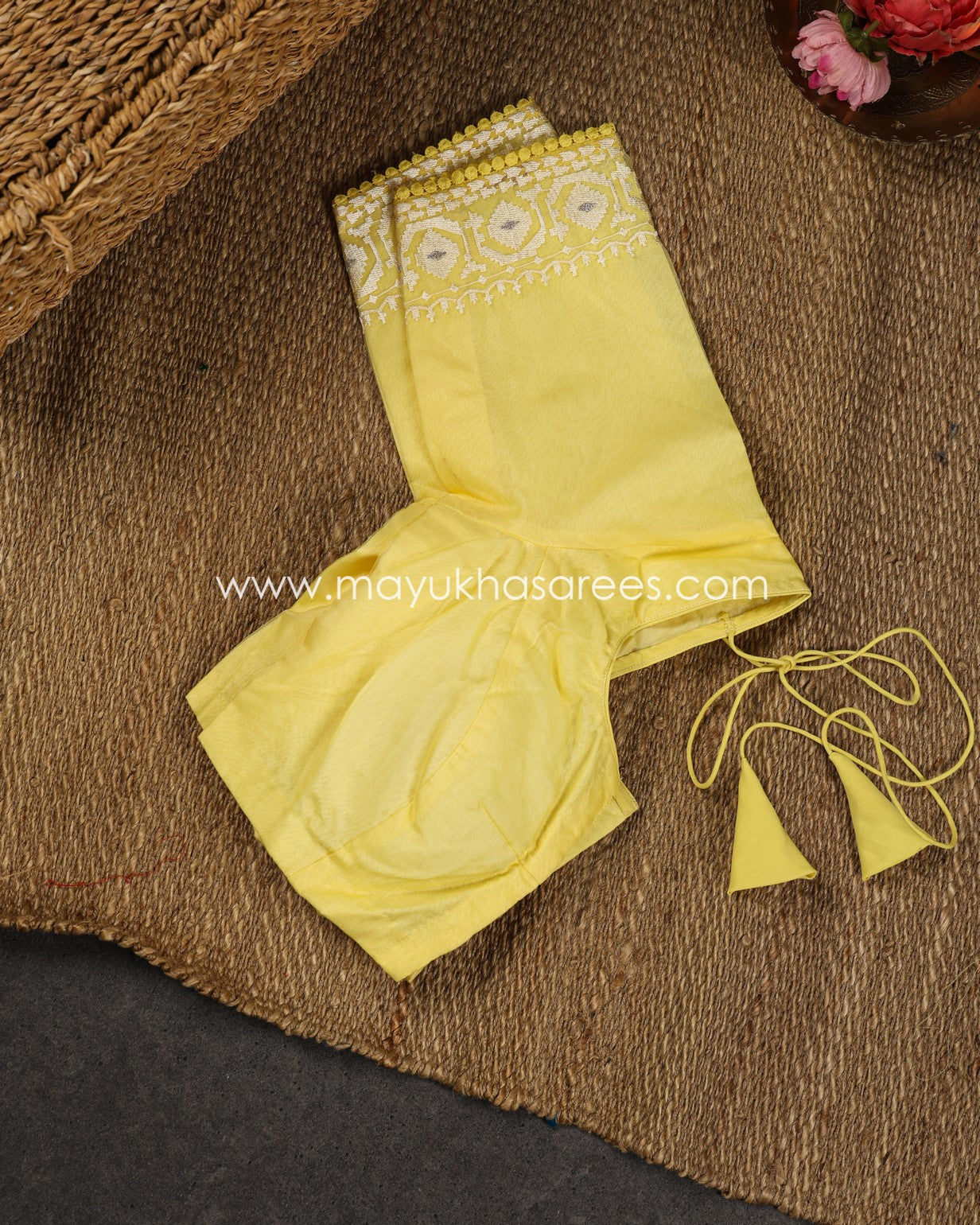 Yellow Pure Kora Silk with Chikankari details and Stitched Blouse in Size 38-44