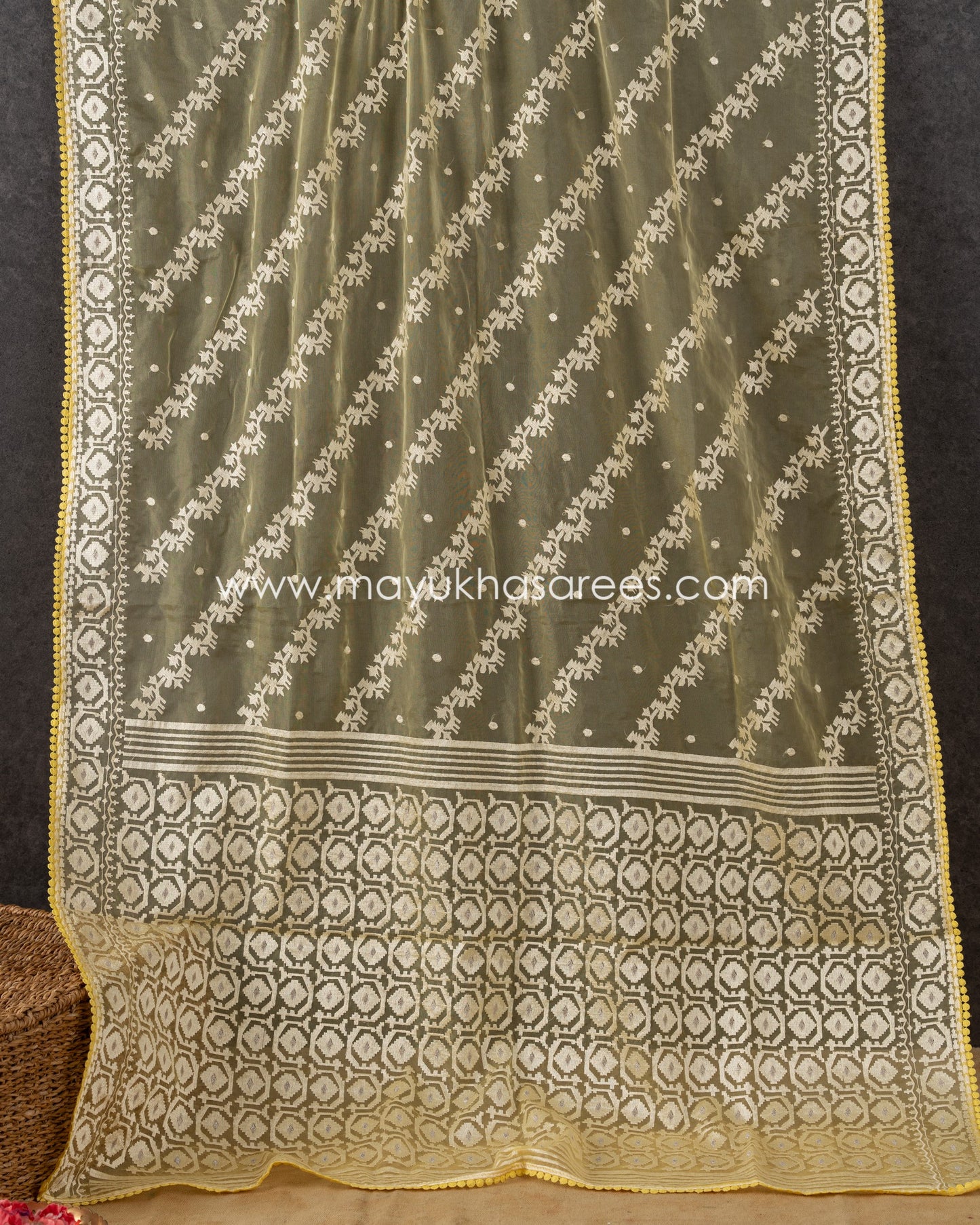 Yellow Pure Kora Silk with Chikankari details and Stitched Blouse in Size 38-44