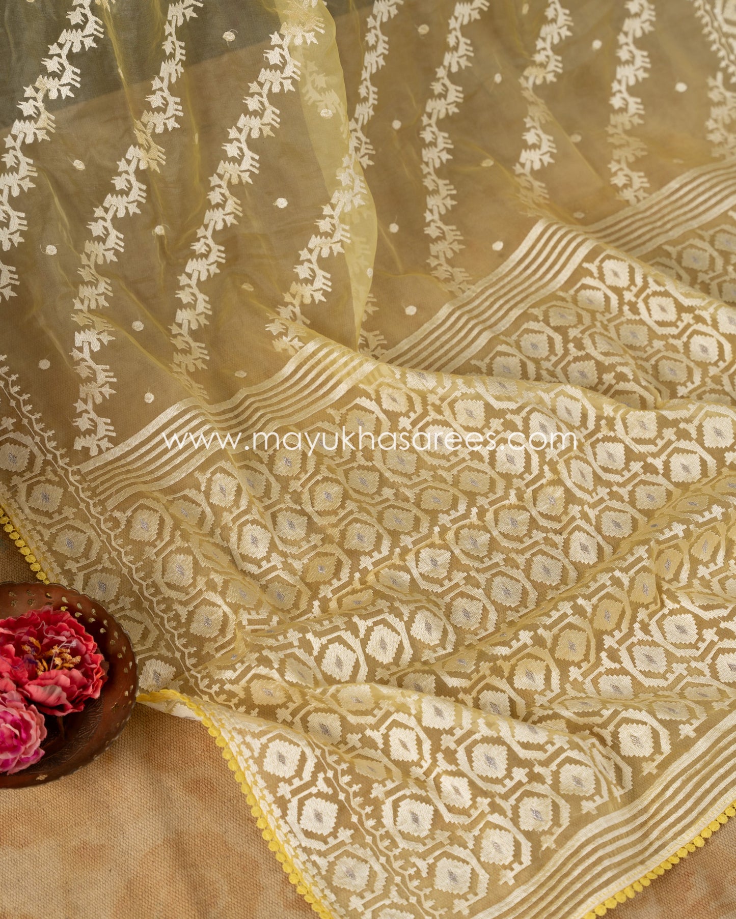 Yellow Pure Kora Silk with Chikankari details and Stitched Blouse in Size 38-44