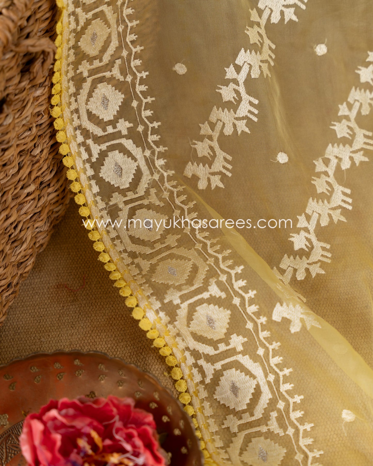 Yellow Pure Kora Silk with Chikankari details and Stitched Blouse in Size 38-44