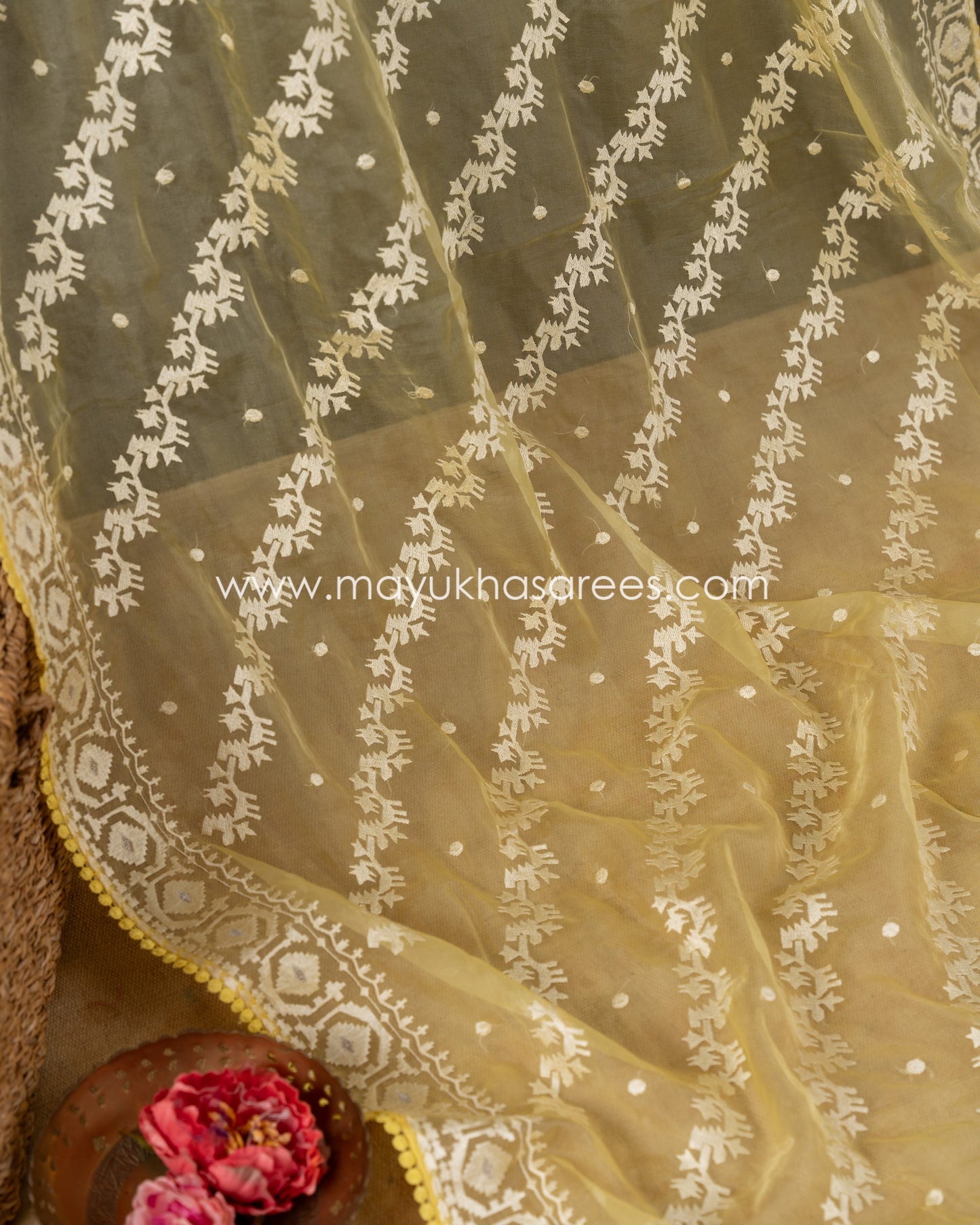 Yellow Pure Kora Silk with Chikankari details and Stitched Blouse in Size 38-44