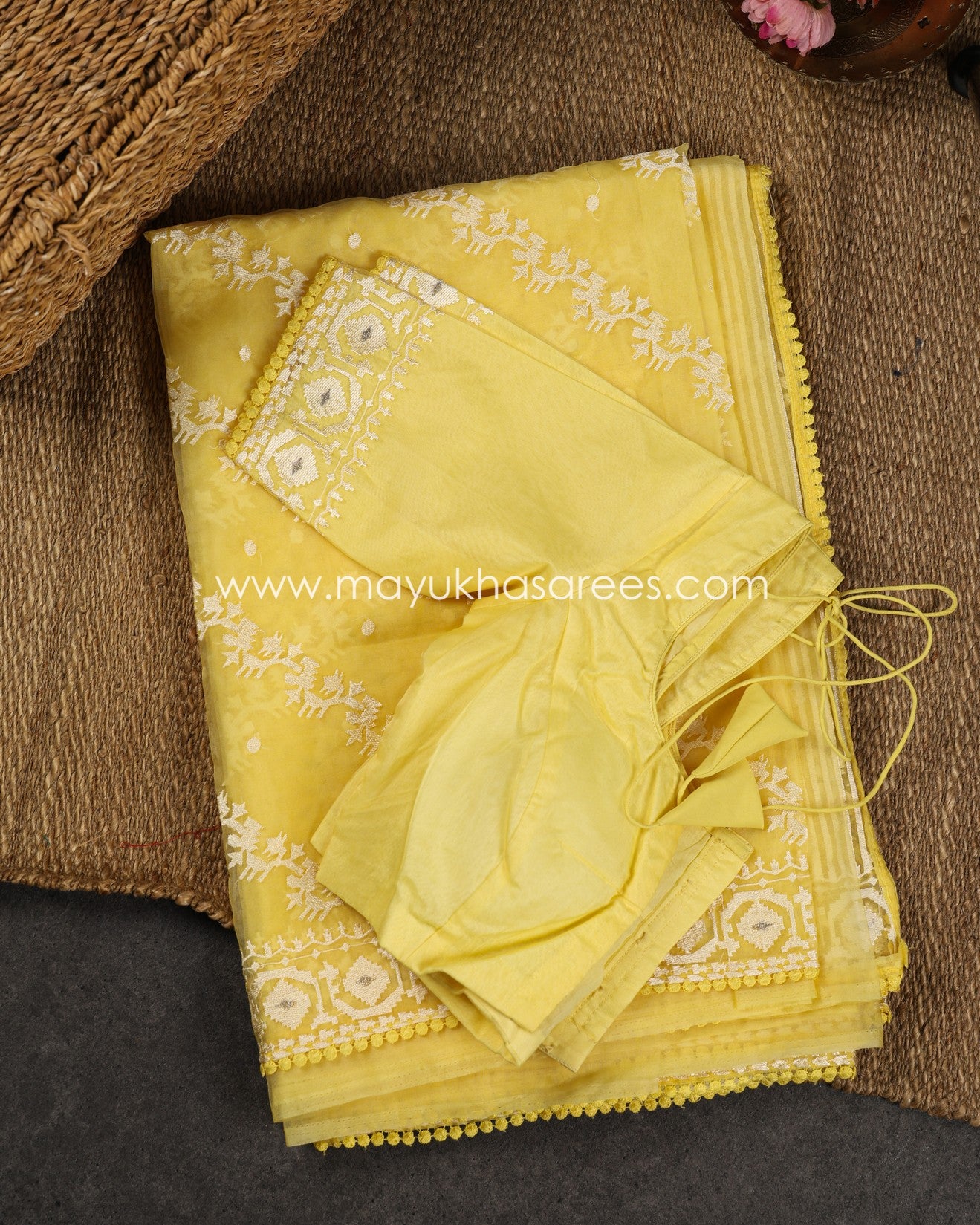 Yellow Pure Kora Silk with Chikankari details and Stitched Blouse in Size 38-44