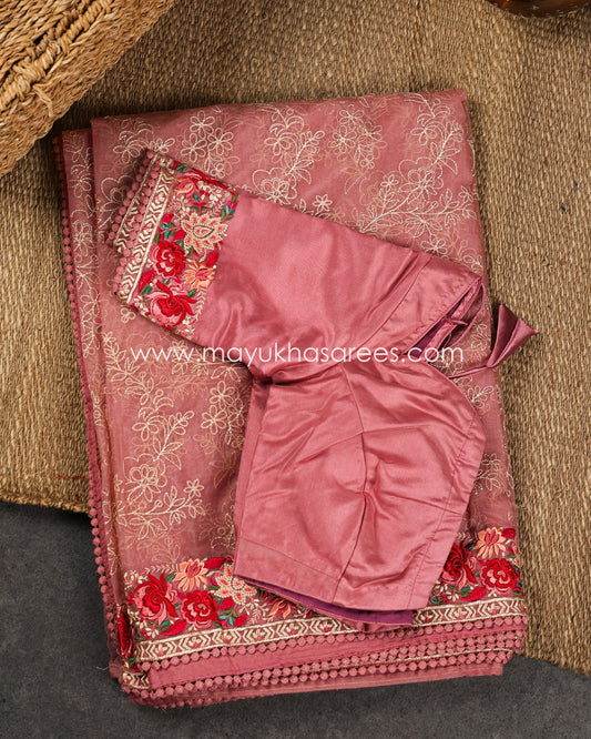 Peach Pure Organza with Machine Parsi Ghara Borders, Chikankari work on Body and Stitched Blouse in Size 38 44