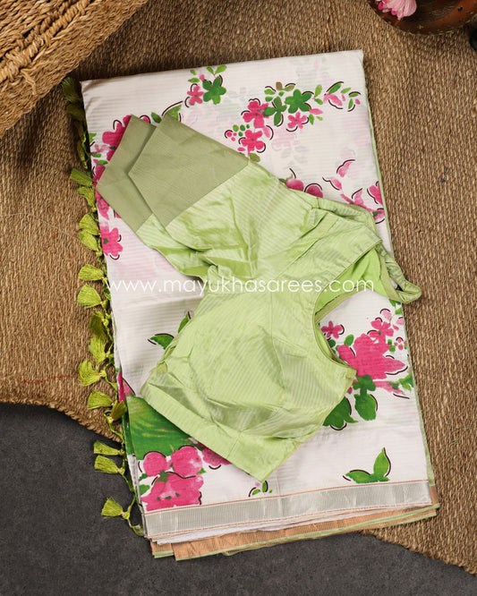 Pastel Green & White Kanchipuram Silk Saree with Handblock Prints and Stitched Blouse in Size 38 44