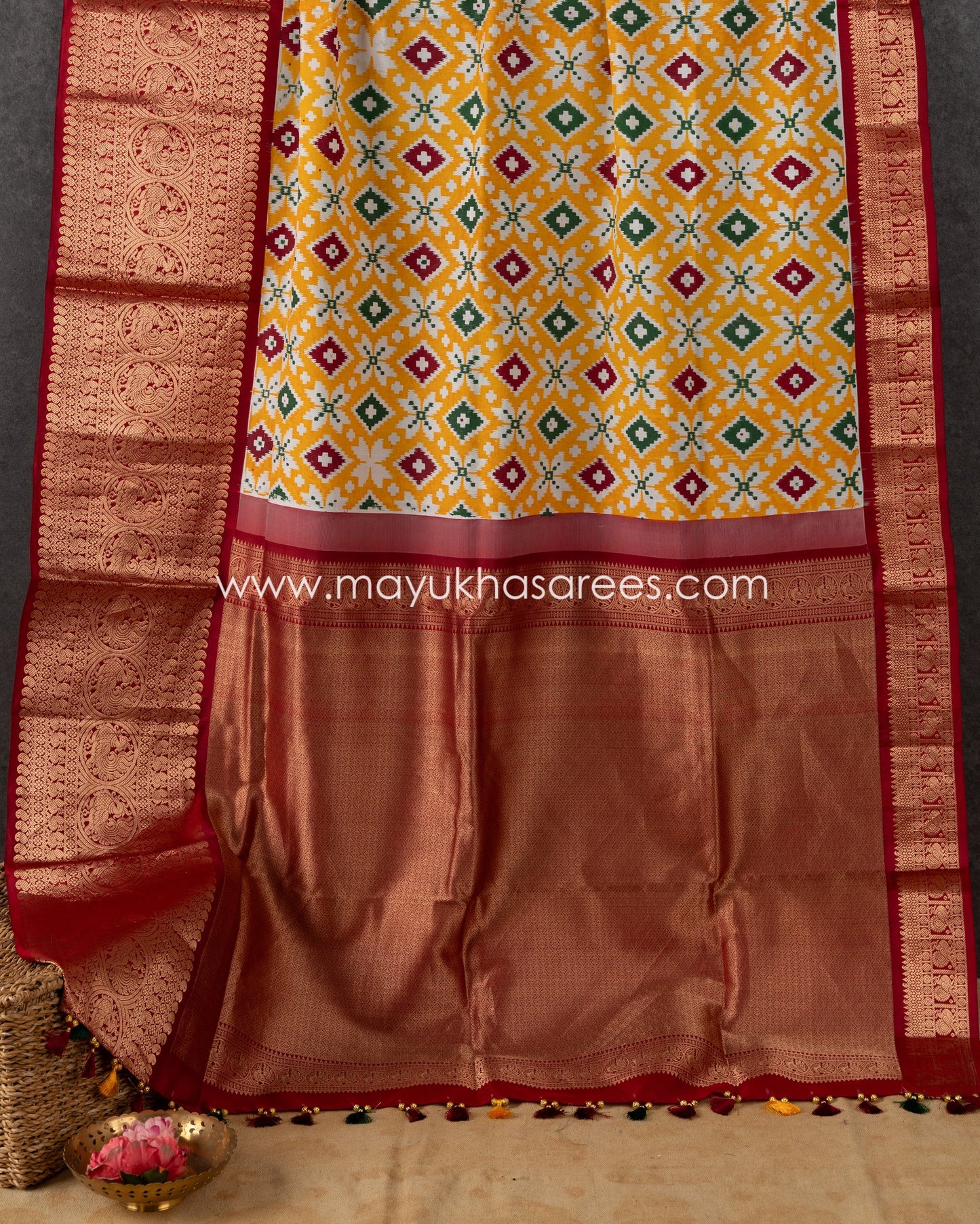 Yellow & Red Kanchipuram Silk Saree with Handblock Prints and Stitched Blouse in Size 38 44