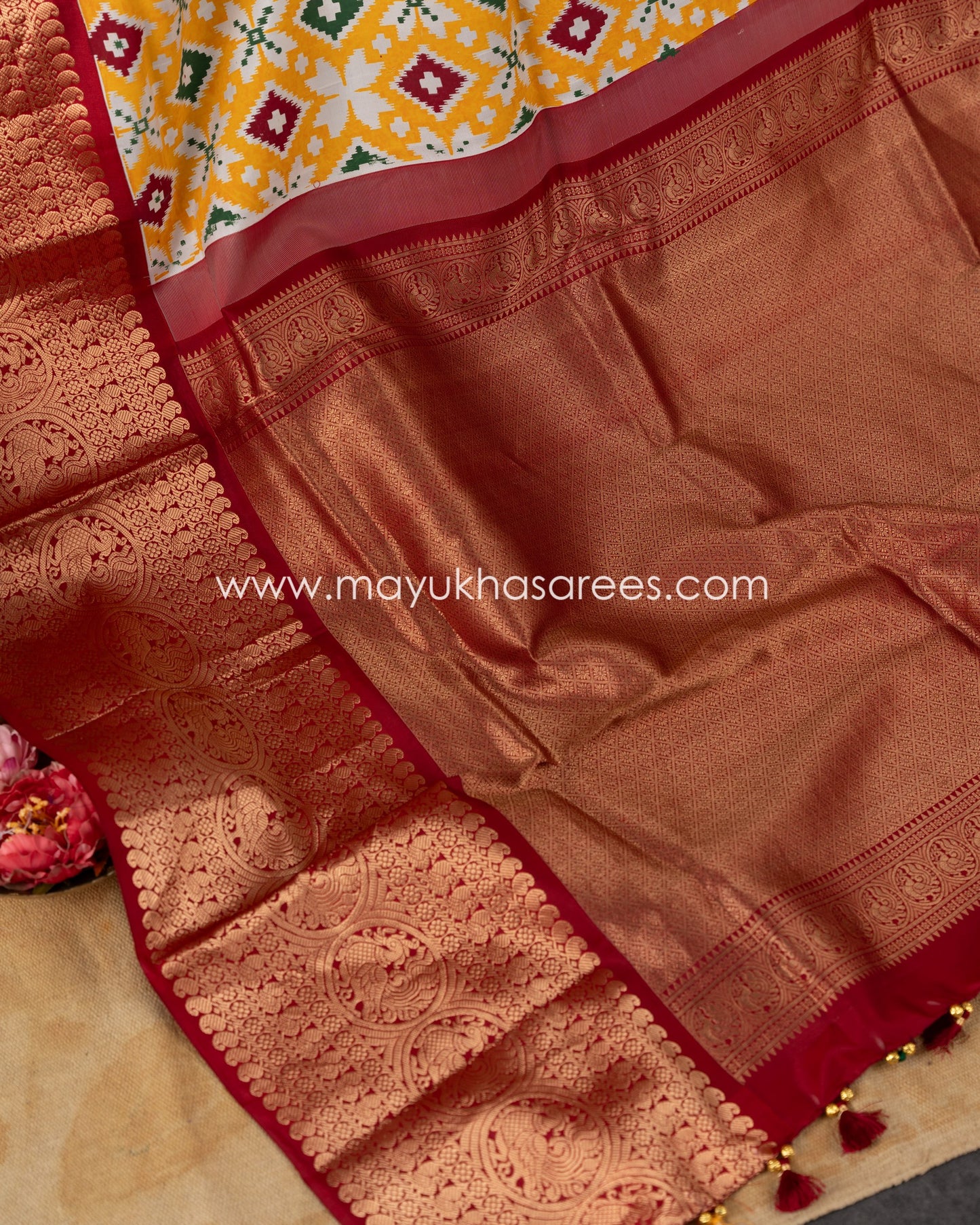 Yellow & Red Kanchipuram Silk Saree with Handblock Prints and Stitched Blouse in Size 38 44