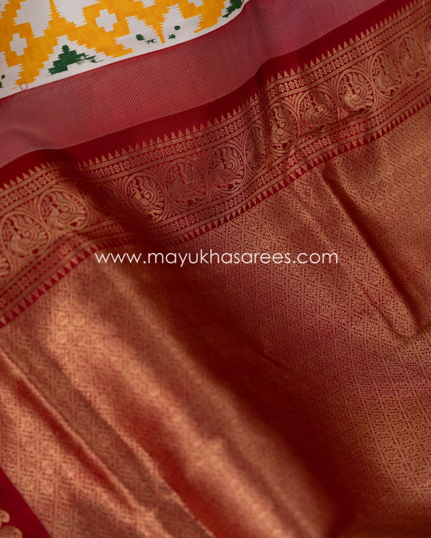 Yellow & Red Kanchipuram Silk Saree with Handblock Prints and Stitched Blouse in Size 38 44