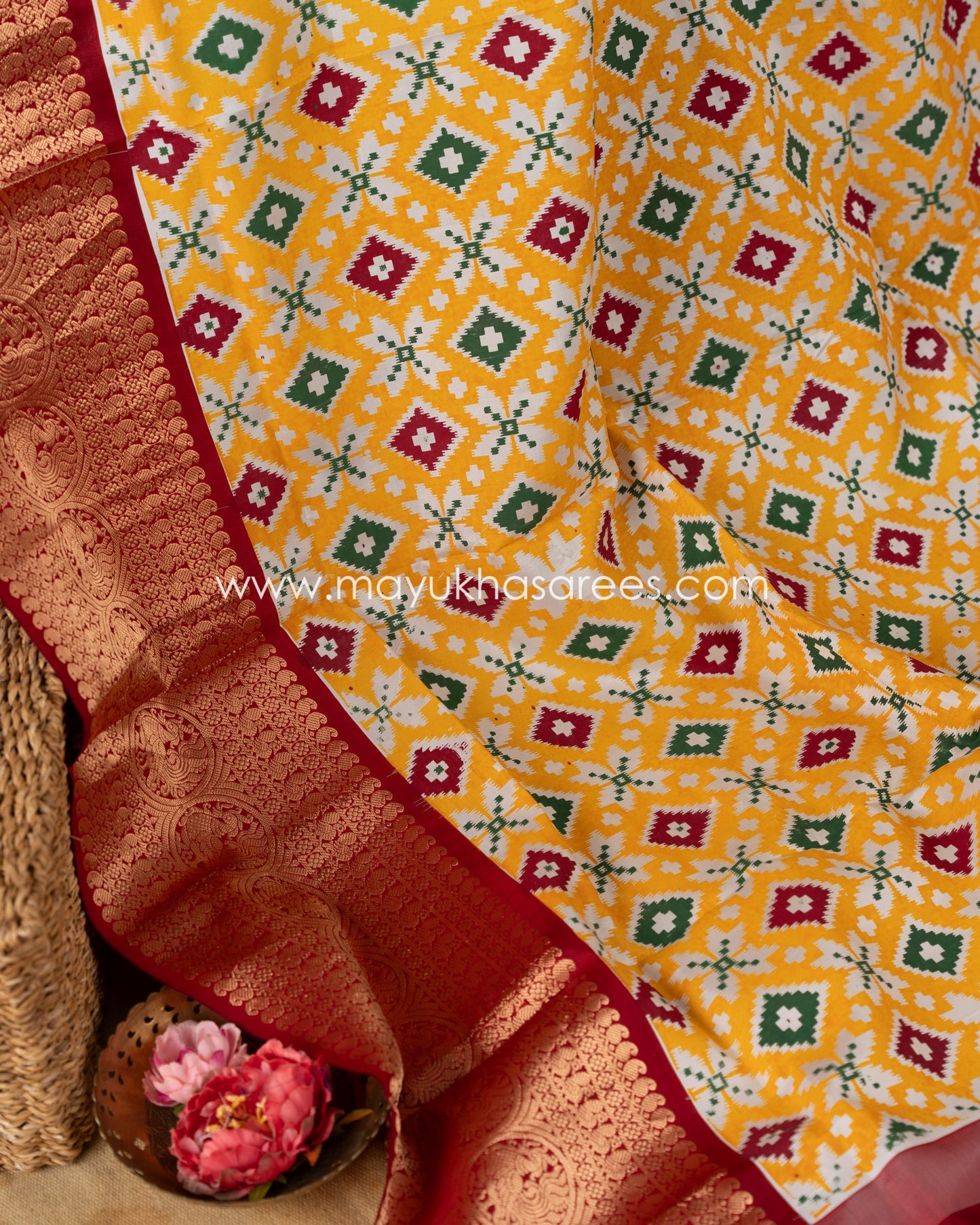 Yellow & Red Kanchipuram Silk Saree with Handblock Prints and Stitched Blouse in Size 38 44