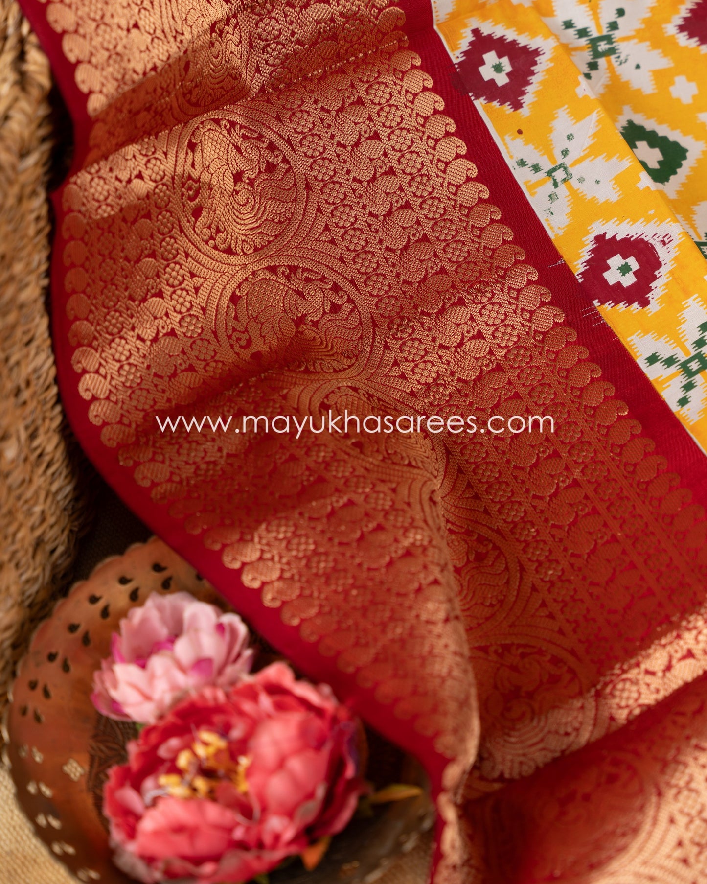 Yellow & Red Kanchipuram Silk Saree with Handblock Prints and Stitched Blouse in Size 38 44