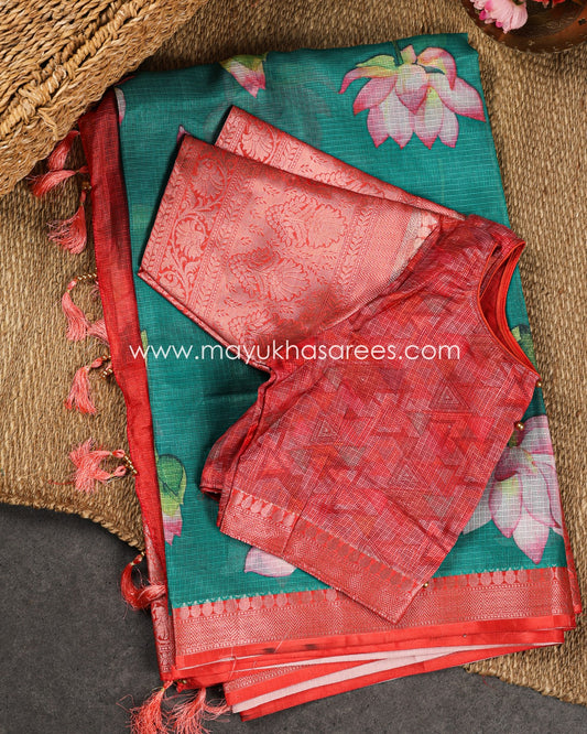 Teal and Red Light weight Lotus Printed Kota silk sarees with Banarasi Borders and Floral Printed Blouse in Size 38 44