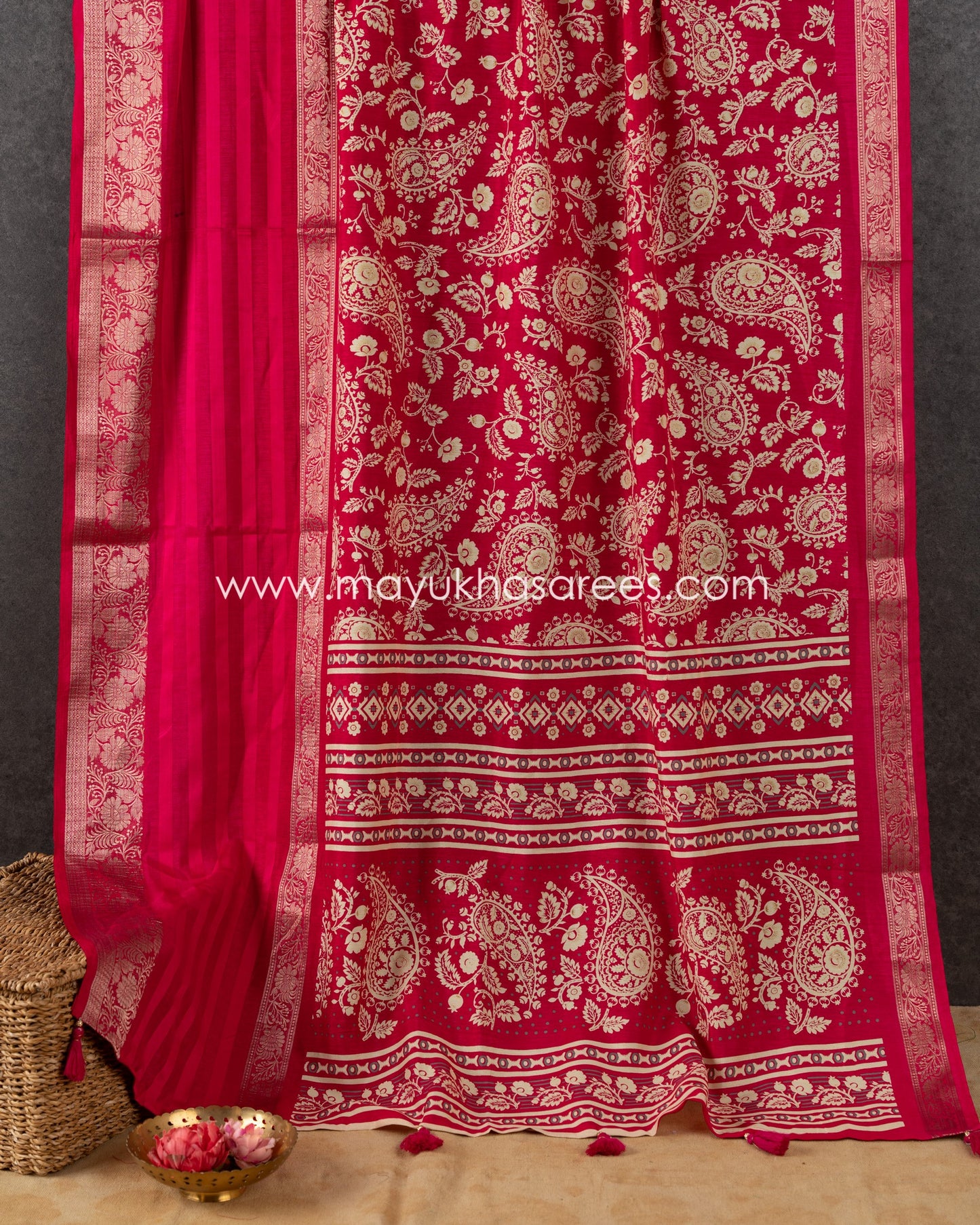 Paisley Prints on Pink Munga Silk Saree with Kanchipuram Inspired gap borders and Stitched Blouse in Size 38 44