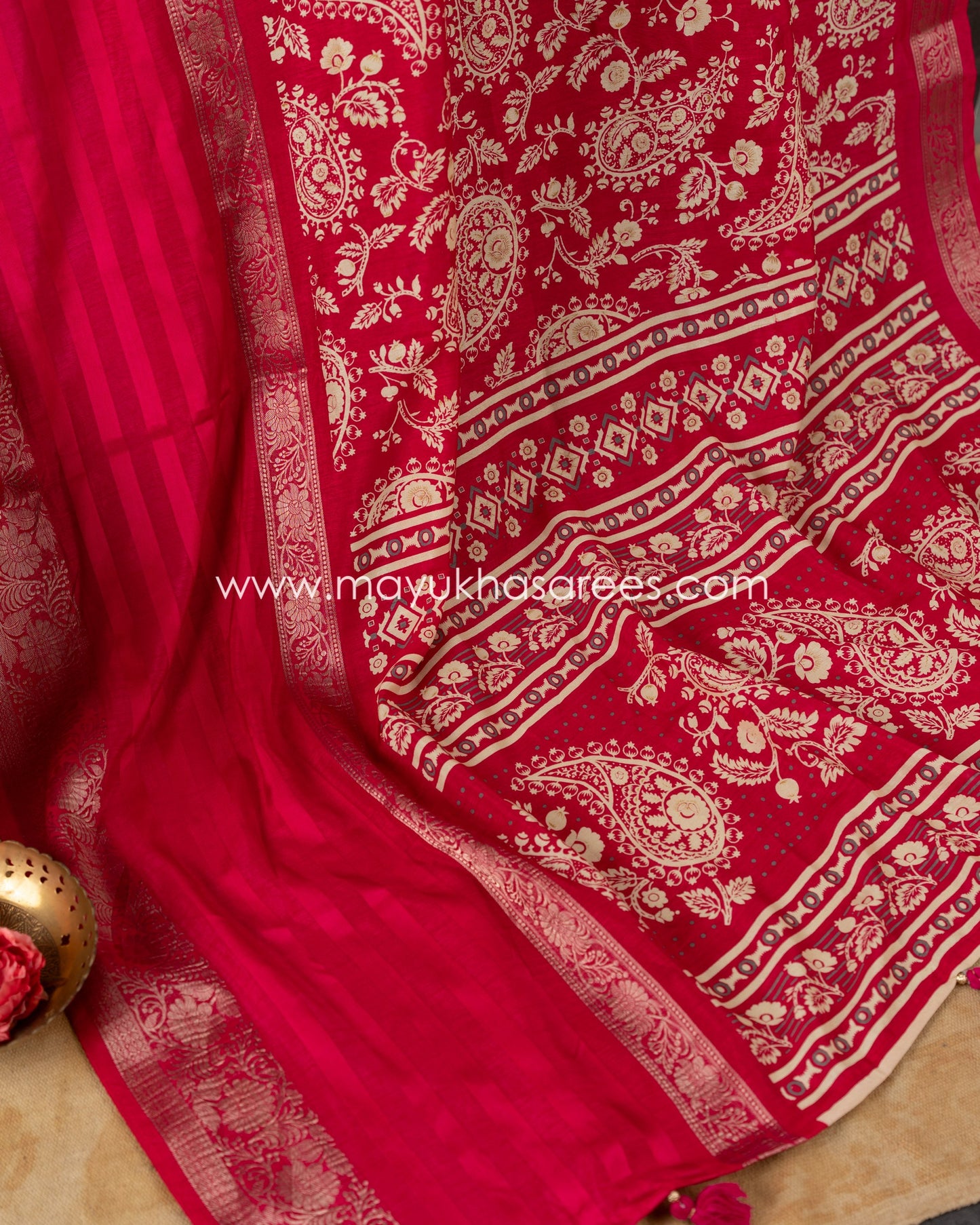 Paisley Prints on Pink Munga Silk Saree with Kanchipuram Inspired gap borders and Stitched Blouse in Size 38 44