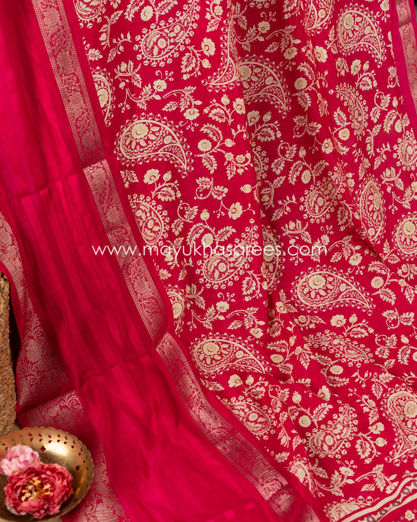 Paisley Prints on Pink Munga Silk Saree with Kanchipuram Inspired gap borders and Stitched Blouse in Size 38 44