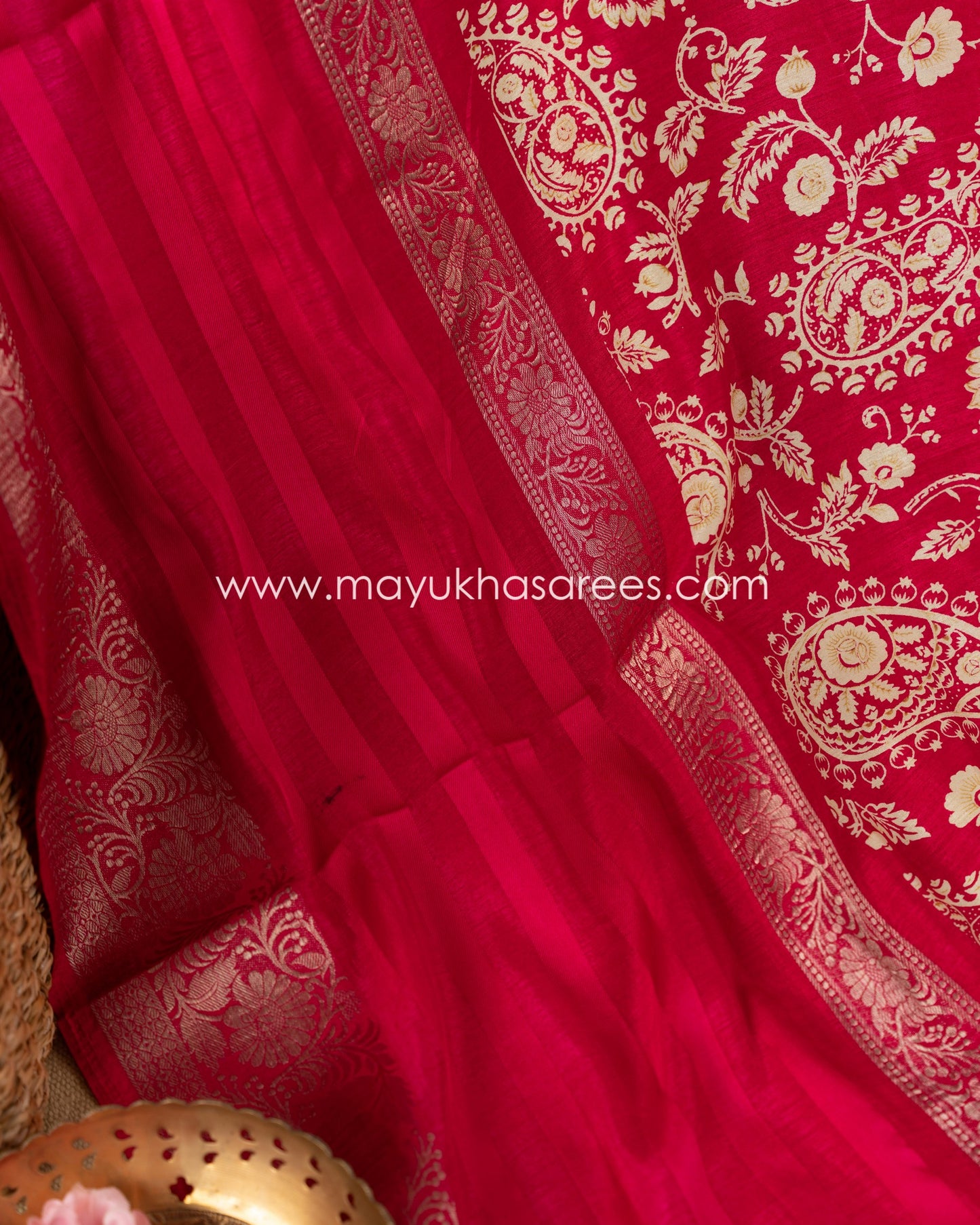 Paisley Prints on Pink Munga Silk Saree with Kanchipuram Inspired gap borders and Stitched Blouse in Size 38 44