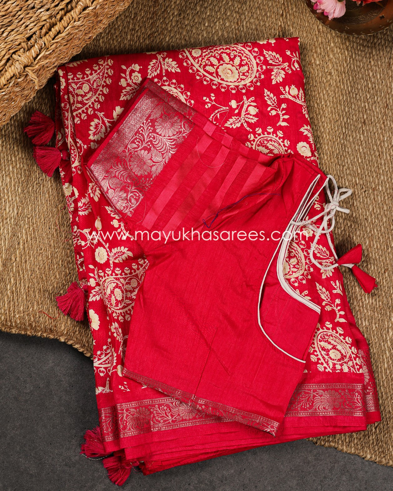 Paisley Prints on Pink Munga Silk Saree with Kanchipuram Inspired gap borders and Stitched Blouse in Size 38 44