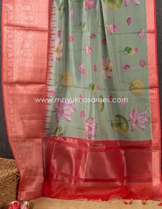 Pastel Green & Red Light weight Lotus Printed Kota silk sarees with Banarasi Borders and Floral Printed Blouse in Size 38 44