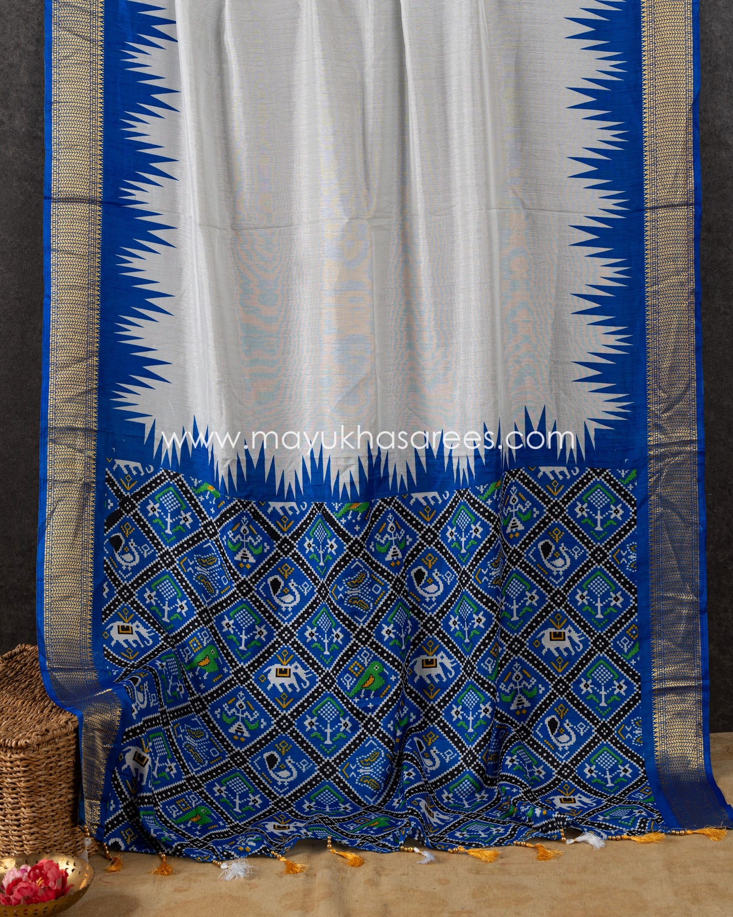 White & blue Patola Prints on Munga Silk Saree with Temple Design Borders and Stitched Blouse in Size 38 44