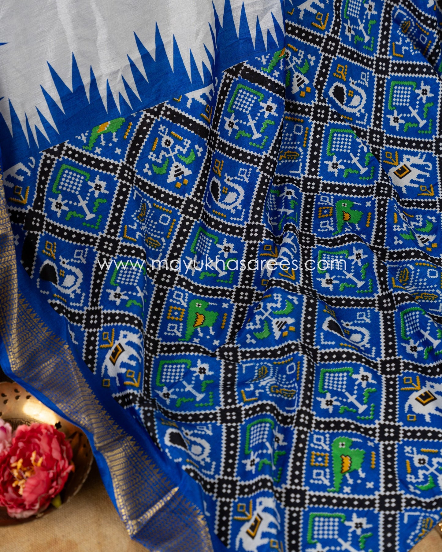 White & blue Patola Prints on Munga Silk Saree with Temple Design Borders and Stitched Blouse in Size 38 44