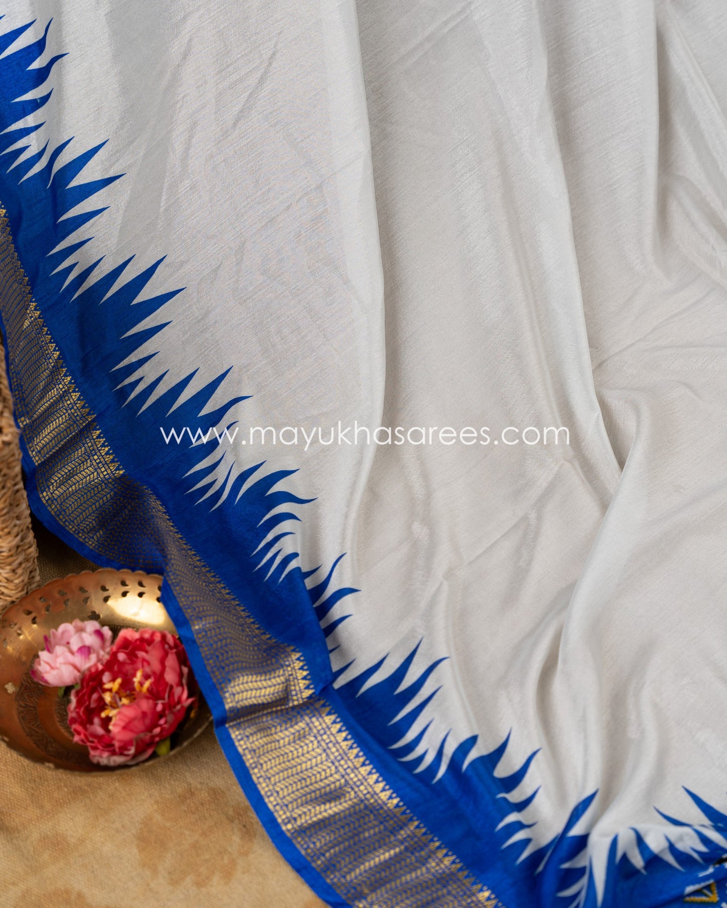 White & blue Patola Prints on Munga Silk Saree with Temple Design Borders and Stitched Blouse in Size 38 44