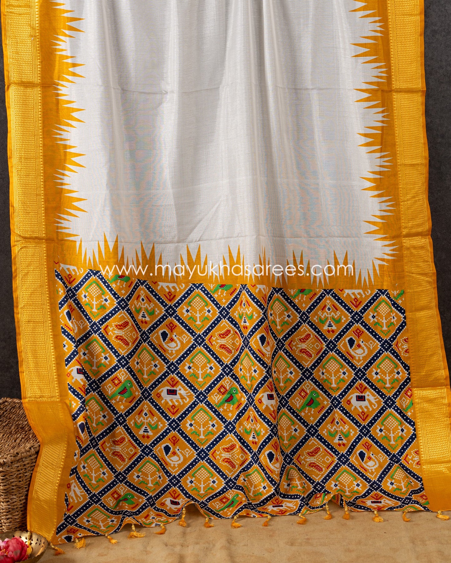 White & Yellow Patola Prints on Munga Silk Saree with Temple Design Borders and Stitched Blouse in Size 38 44