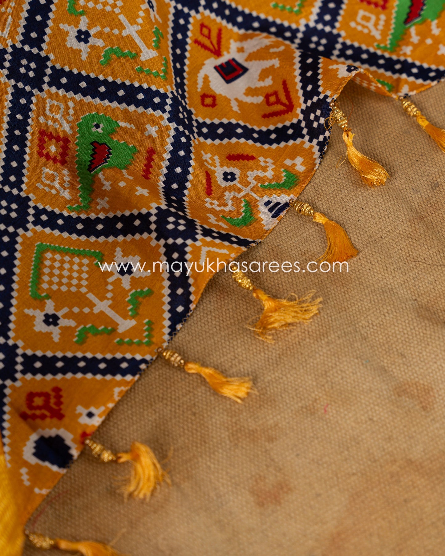 White & Yellow Patola Prints on Munga Silk Saree with Temple Design Borders and Stitched Blouse in Size 38 44