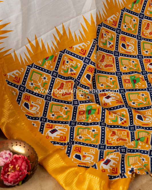 White & Yellow Patola Prints on Munga Silk Saree with Temple Design Borders and Stitched Blouse in Size 38 44