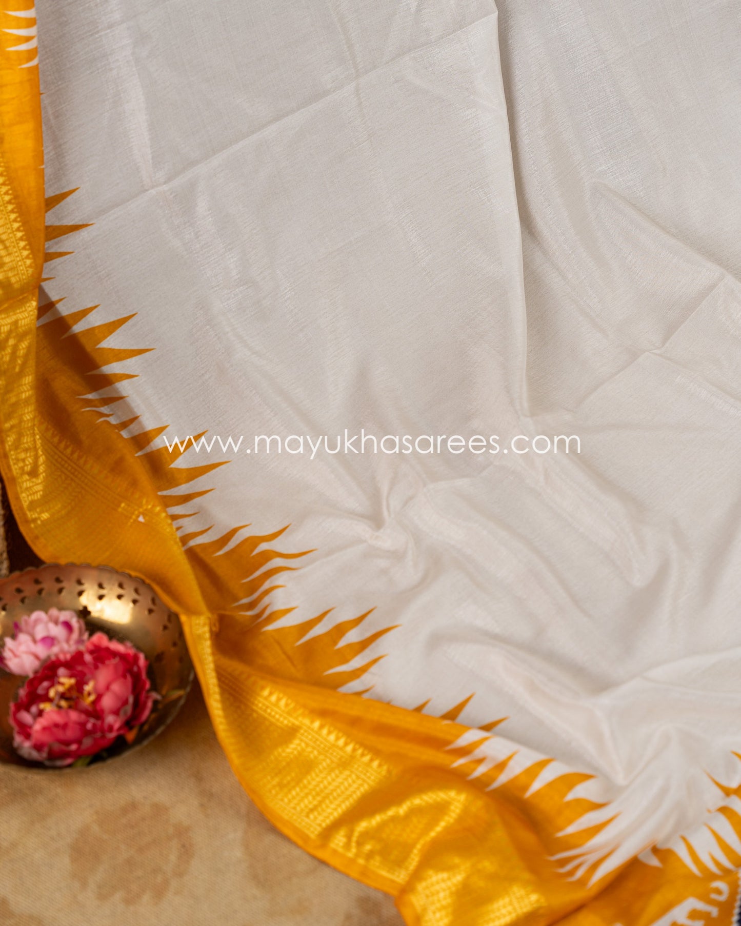 White & Yellow Patola Prints on Munga Silk Saree with Temple Design Borders and Stitched Blouse in Size 38 44