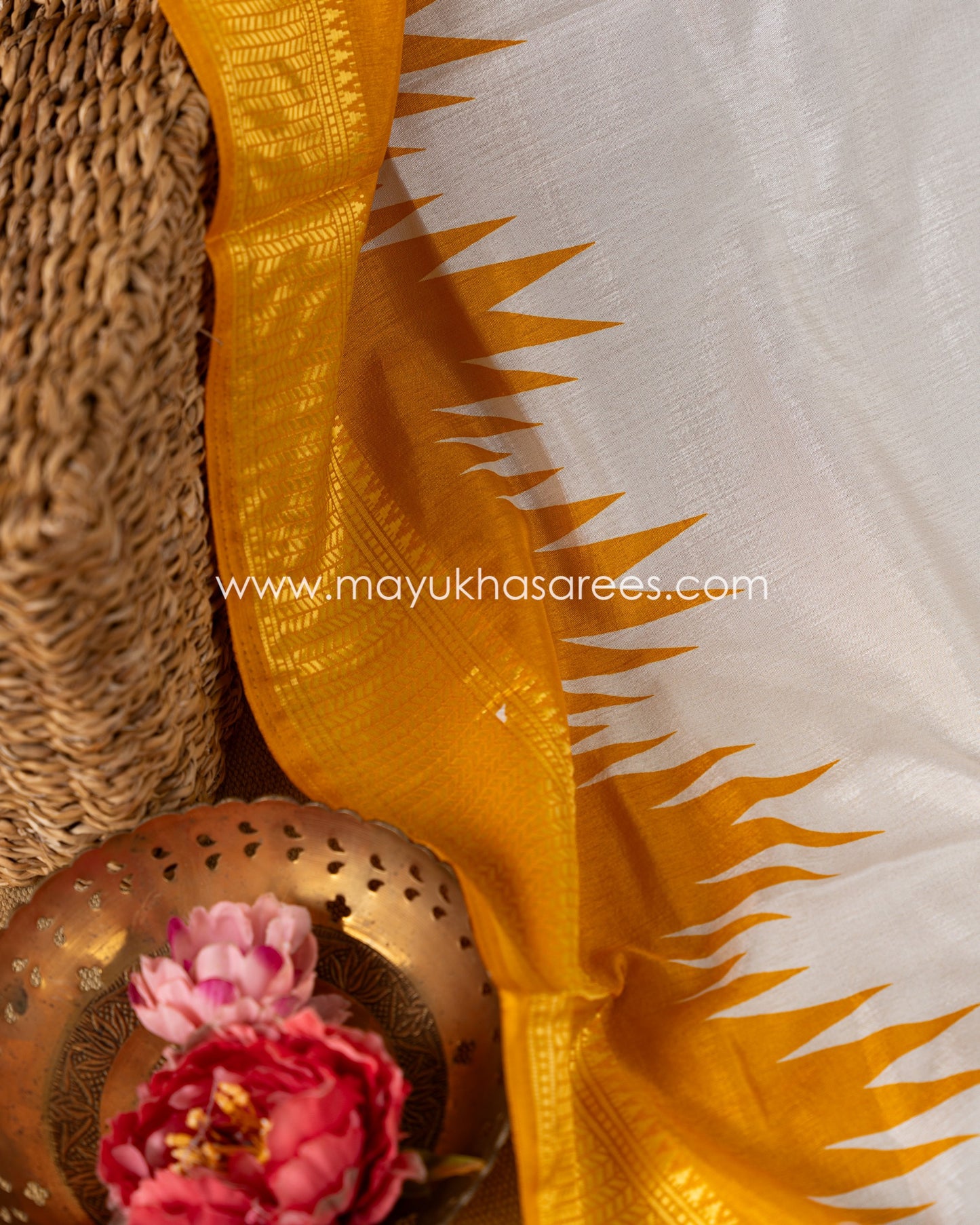 White & Yellow Patola Prints on Munga Silk Saree with Temple Design Borders and Stitched Blouse in Size 38 44