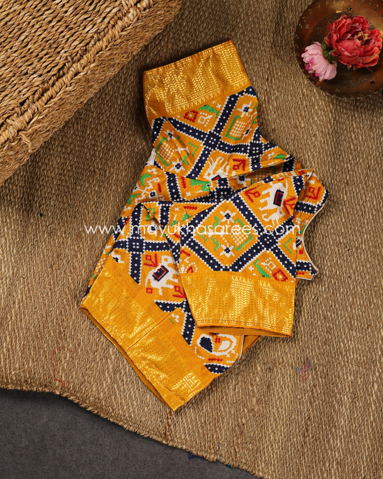 White & Yellow Patola Prints on Munga Silk Saree with Temple Design Borders and Stitched Blouse in Size 38 44