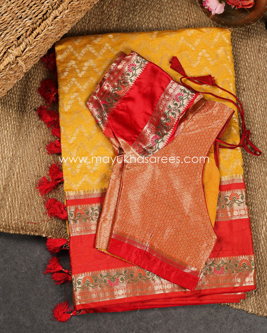 Mustard & Red Banarasi Kora Silk with Chevron Pattern Body, Tifli Borders and Stitched Blouse in Size 38 44