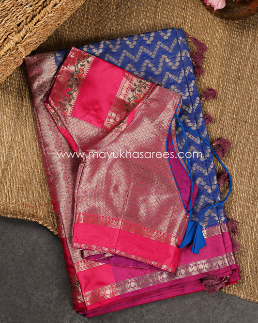 Blue & Pink Banarasi Kora Silk with Chevron Pattern Body, Tifli Borders and Stitched Blouse in Size 38 44