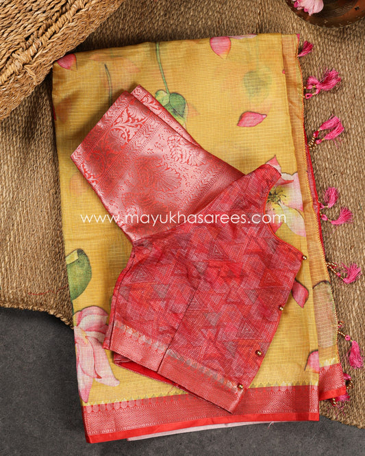 Mustard & Red Light weight Lotus Printed Kota silk sarees with Banarasi Borders and Floral Printed Blouse in Size 38 44